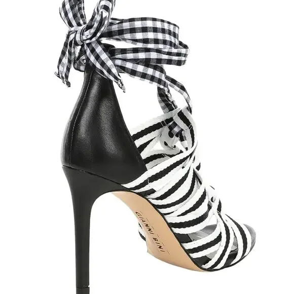Gianni Bini Black Abrianna Gingham Lace Up Sandals 3.93” stiletto heels Size 6.5 - Picture 2 of 12
